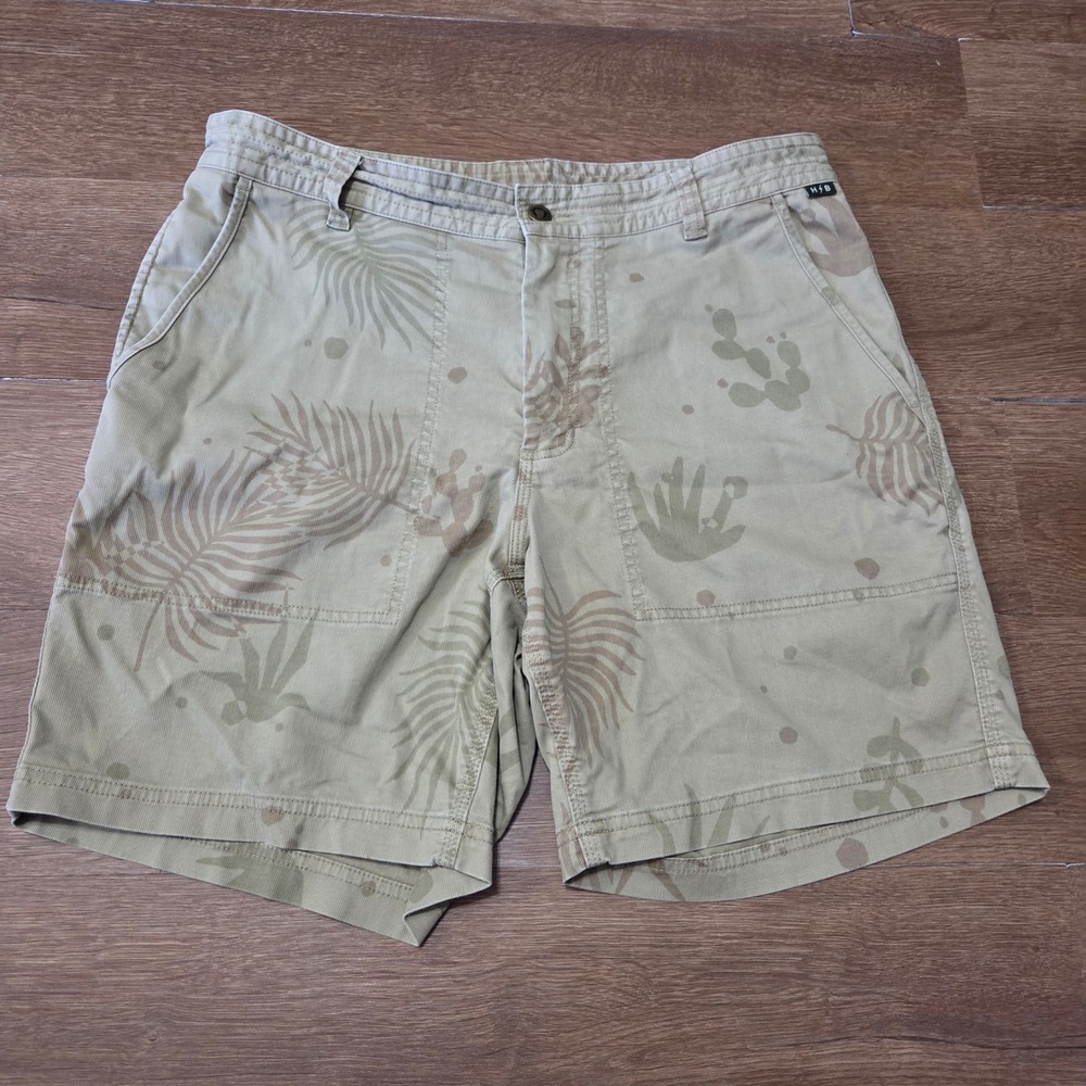 Howler Brothers Clarksville Walk Shorts Mens 34 Tan Tropical Palm Print Stretch